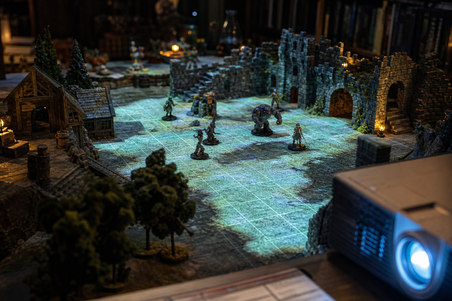 Physical terrain with projected grid light and miniatures