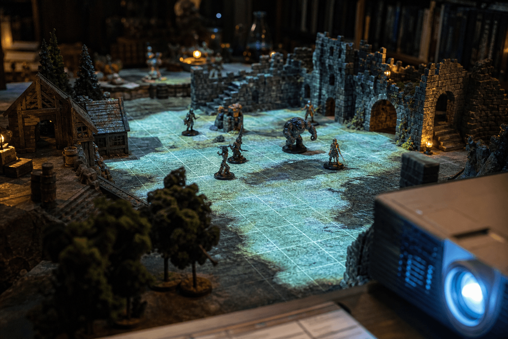 Physical terrain with projected grid light and miniatures