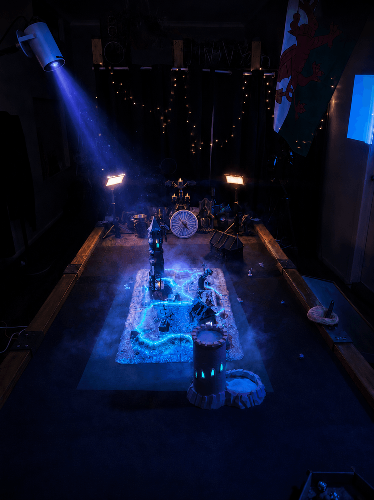Fantasy battlemap illuminated by blue lights, viewed from the Game Master position