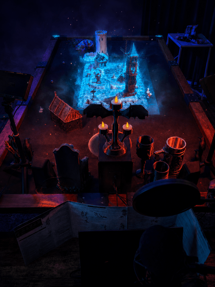 Gothic fantasy RPG battle setup with illuminated battlemap and physical terrain