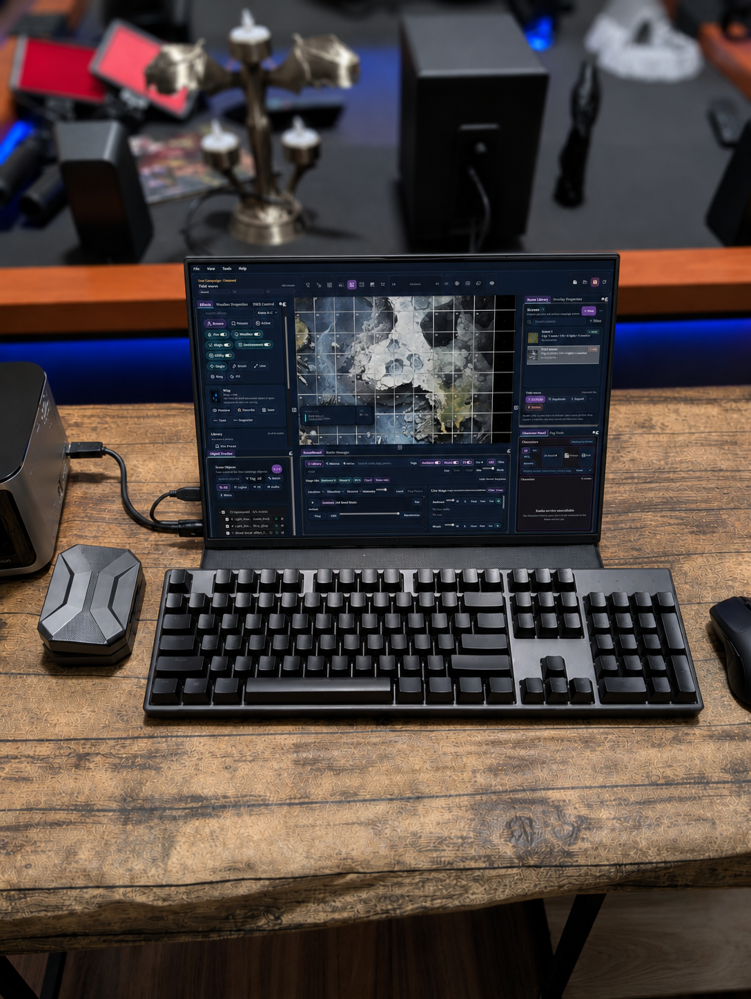 Gaming workstation with projector and tabletop RPG setup